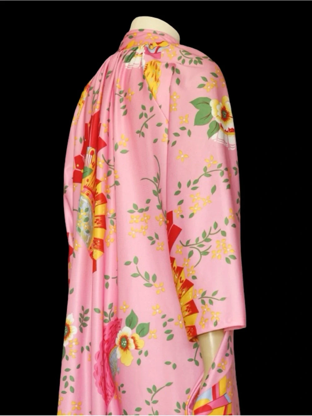1970s Pink Japanese Fan Floral Housedress Maxi Robe Kaftan Tie Neck Vintage - Picture 6 of 14